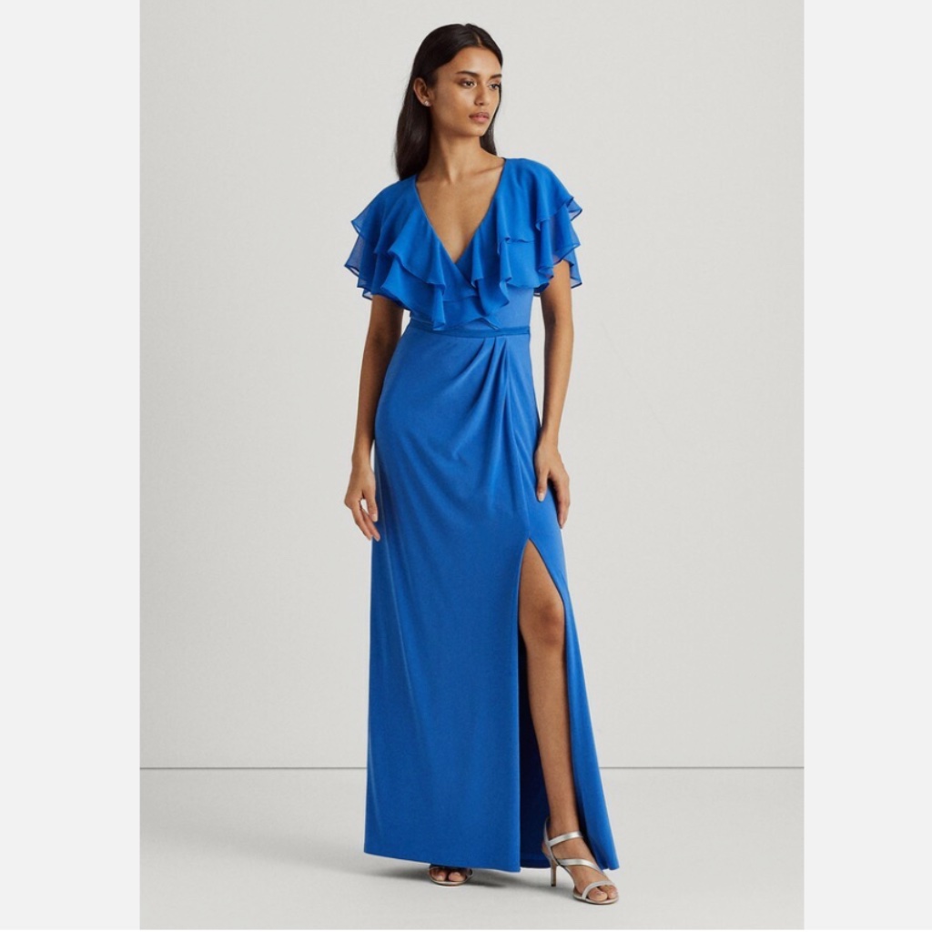 Ralph Lauren Royal Blue Ruffle-Trim Jersey Gown